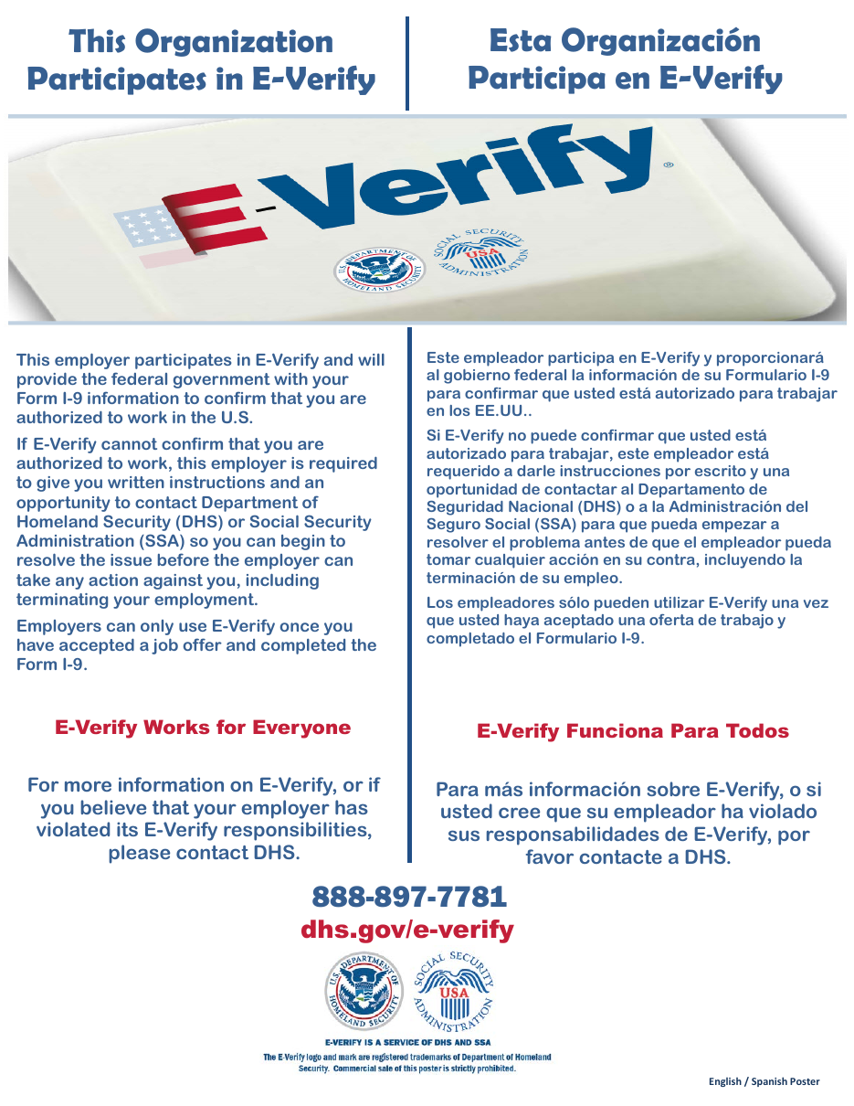 Notice of E-Verify Participation poster, English and Spanish, U.S. Department of Homeland Security