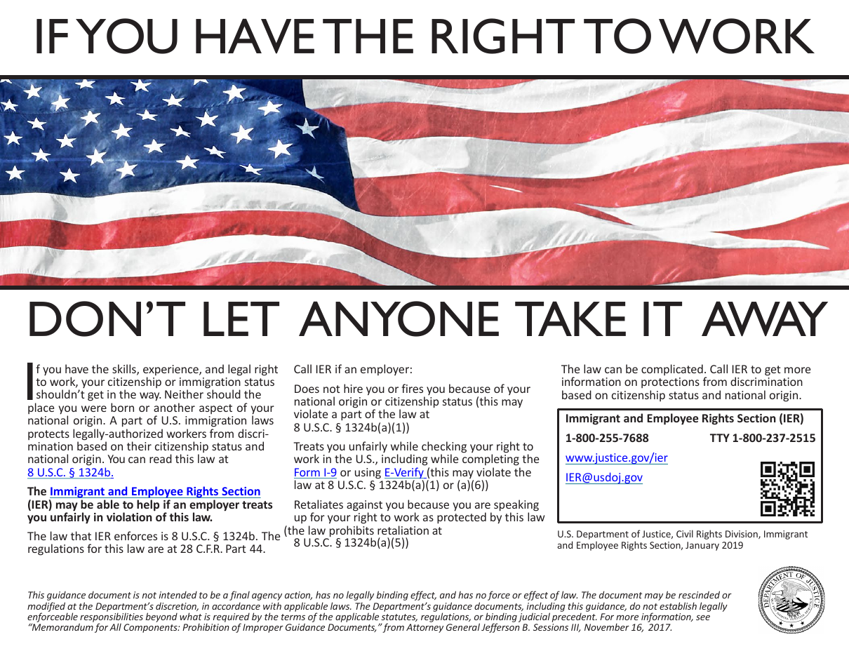Right to Work poster, English, U.S. Department of Justice Immigrant and Employee Rights Section