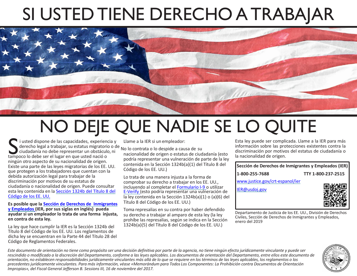 Right to Work poster, Spanish, U.S. Department of Justice Immigrant and Employee Rights Section